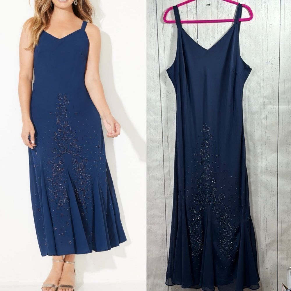 Catherines Navy Blue Rhinestone Midi Dress 24W Elegant Evening Formal Plus Size